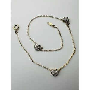 DQ Mexico 14K Solid Yellow Gold C Z Heart Anklet Bracelet 9.85”